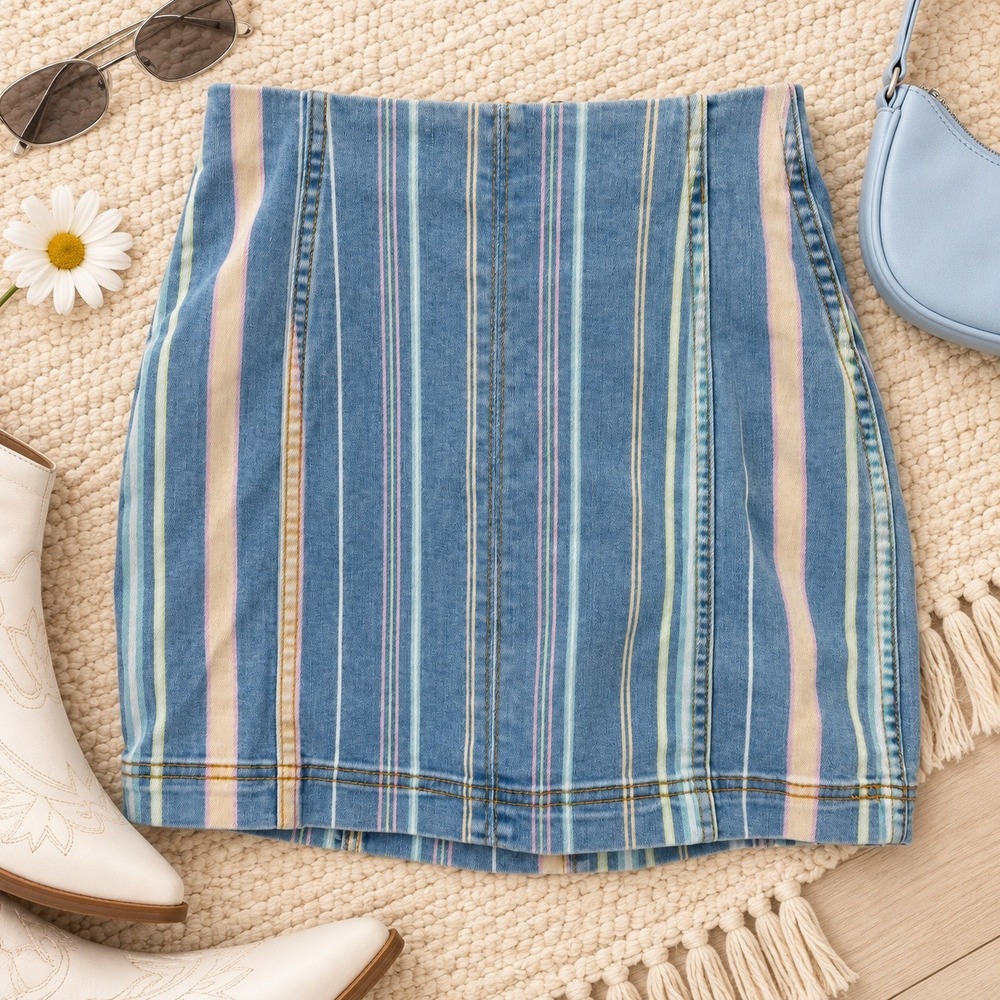 Wild Fable Denim Mini Skirt Size 0 Blue Pastel Stripe High Rise Y2K Festival